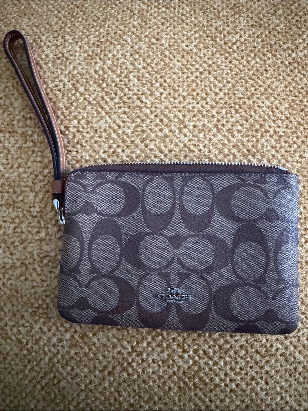 Coach Brown Signature Canvas Wristlet with Multicolor Patch